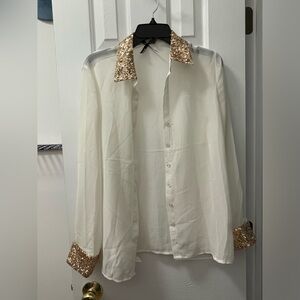 White Sheer and Gold Sequins Collared Shirt